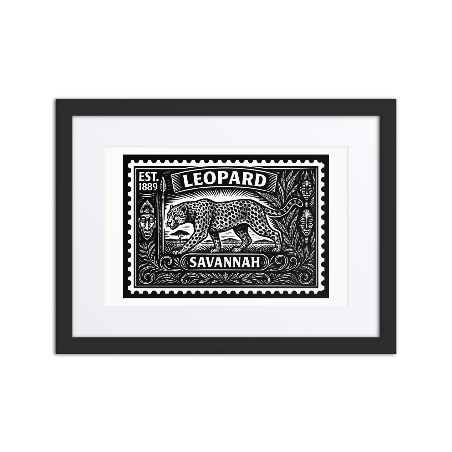 Linocut-style African leopard stamp print showing a crouched leopard in profile with spotted coat, surrounded by tribal patterns.