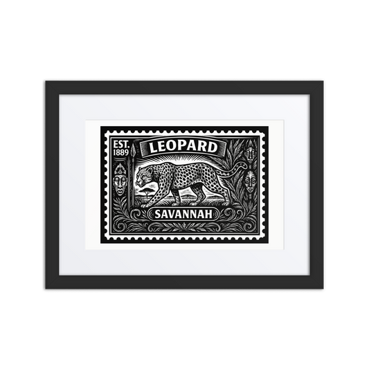 Linocut-style African leopard stamp print showing a crouched leopard in profile with spotted coat, surrounded by tribal patterns.