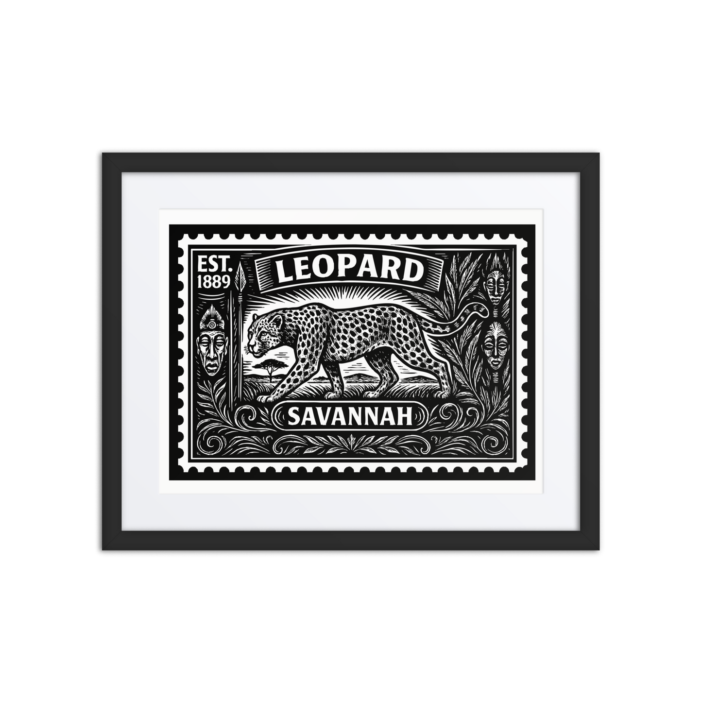 Linocut-style African leopard stamp print showing a crouched leopard in profile with spotted coat, surrounded by tribal patterns.
