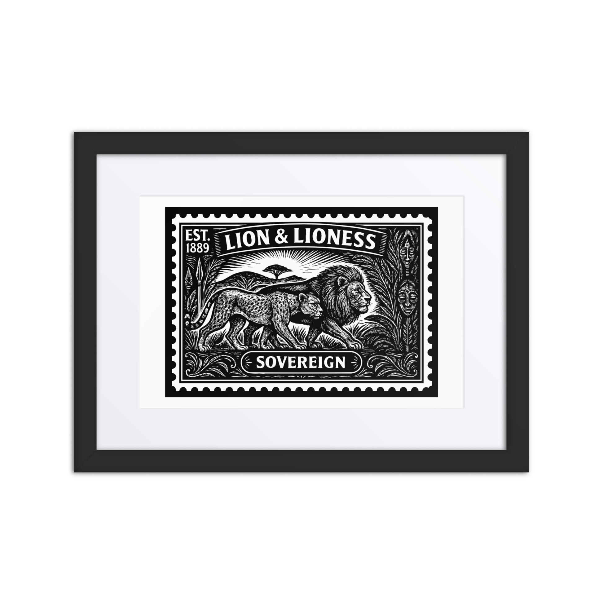 Black and white linocut-style stamp featuring a lion and lioness walking shoulder to shoulder through an African savanna. Tribal patterns, foliage, and distant trees frame the scene. The word "SAVANNA SOVEREIGNS" is displayed at the top in bold type.