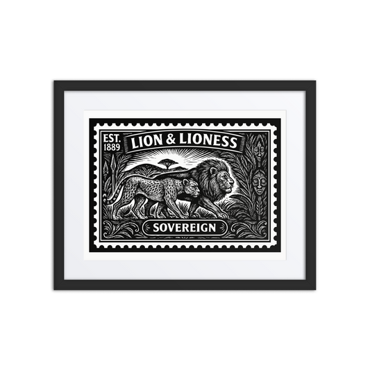 Black and white linocut-style stamp featuring a lion and lioness walking shoulder to shoulder through an African savanna. Tribal patterns, foliage, and distant trees frame the scene. The word "SAVANNA SOVEREIGNS" is displayed at the top in bold type.
