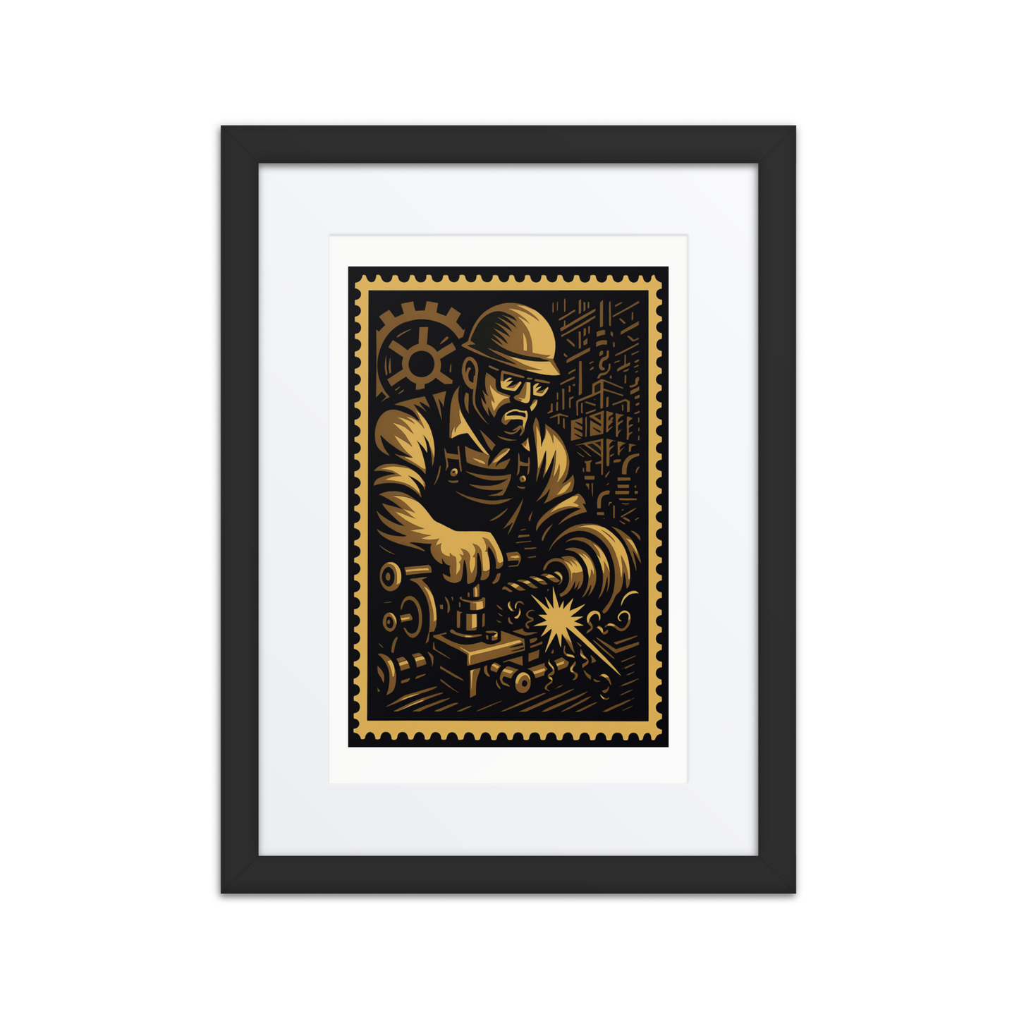 Linocut-style illustration of a machinist operating a lathe with sparks and gears surrounding the scene.