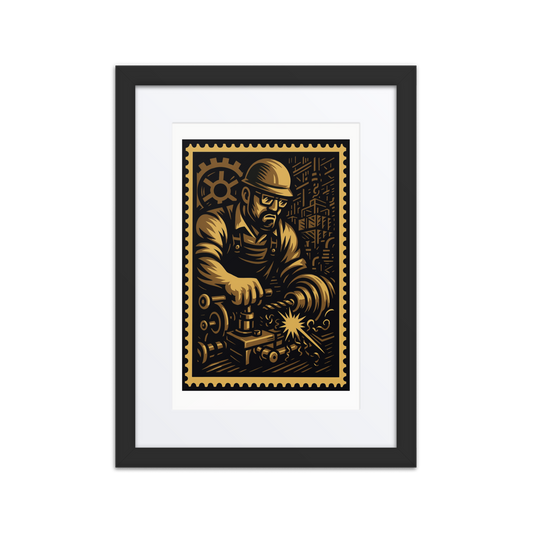Linocut-style illustration of a machinist operating a lathe with sparks and gears surrounding the scene.