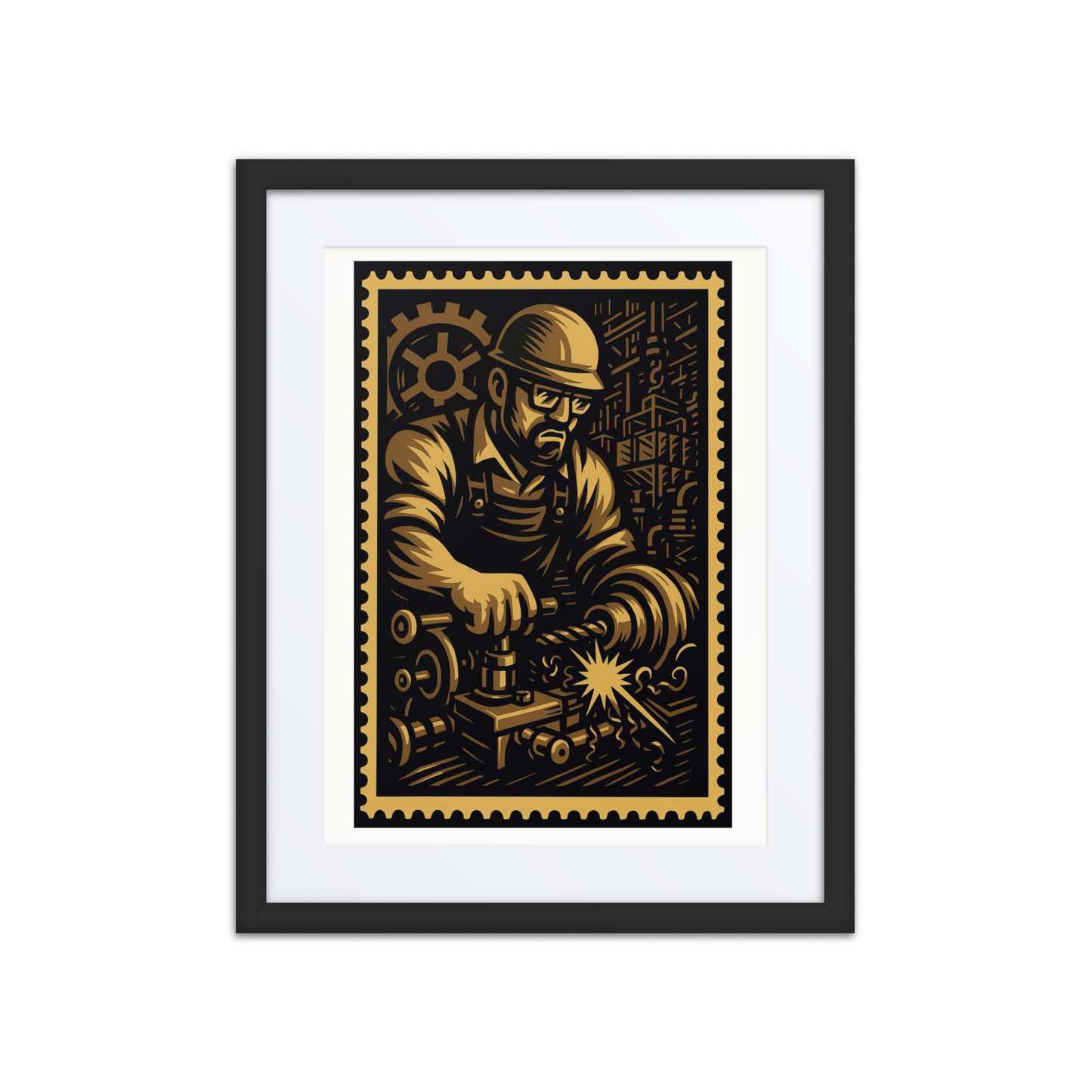 Linocut-style illustration of a machinist operating a lathe with sparks and gears surrounding the scene.
