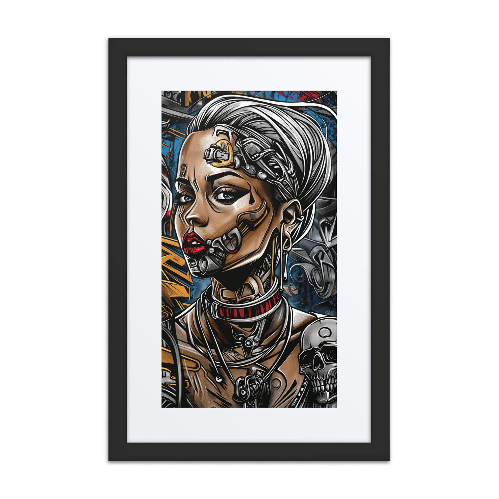Futuristic woman with silver hair and cybernetic facial implants, wearing a high-tech collar and surrounded by industrial details and skull motifs