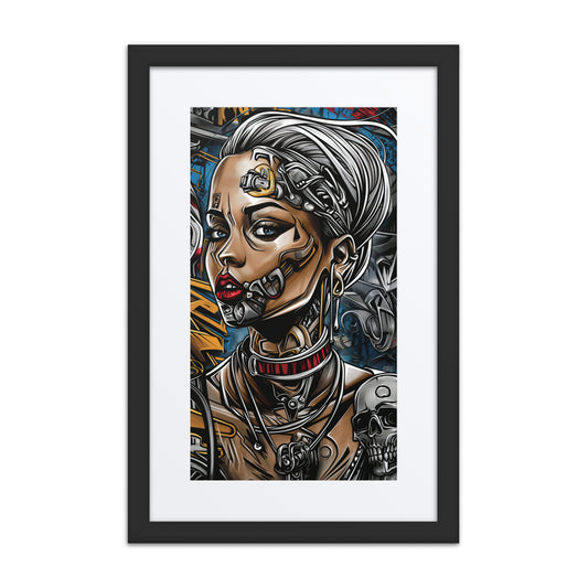 Futuristic woman with silver hair and cybernetic facial implants, wearing a high-tech collar and surrounded by industrial details and skull motifs