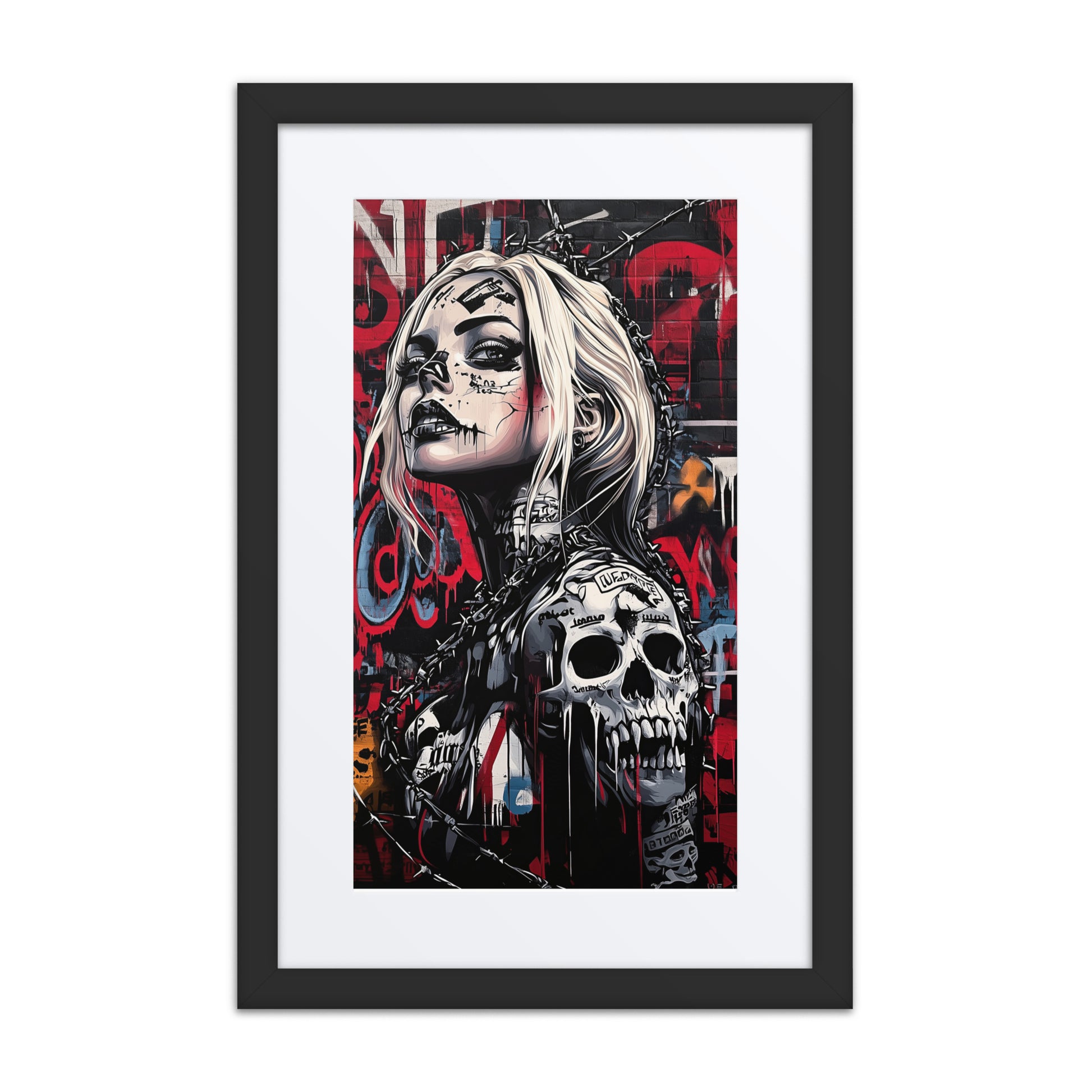 Blonde cyberpunk woman with barbed wire crown, skeletal tattoos, and graffiti-covered skin standing defiantly in front of a red and black urban wall.