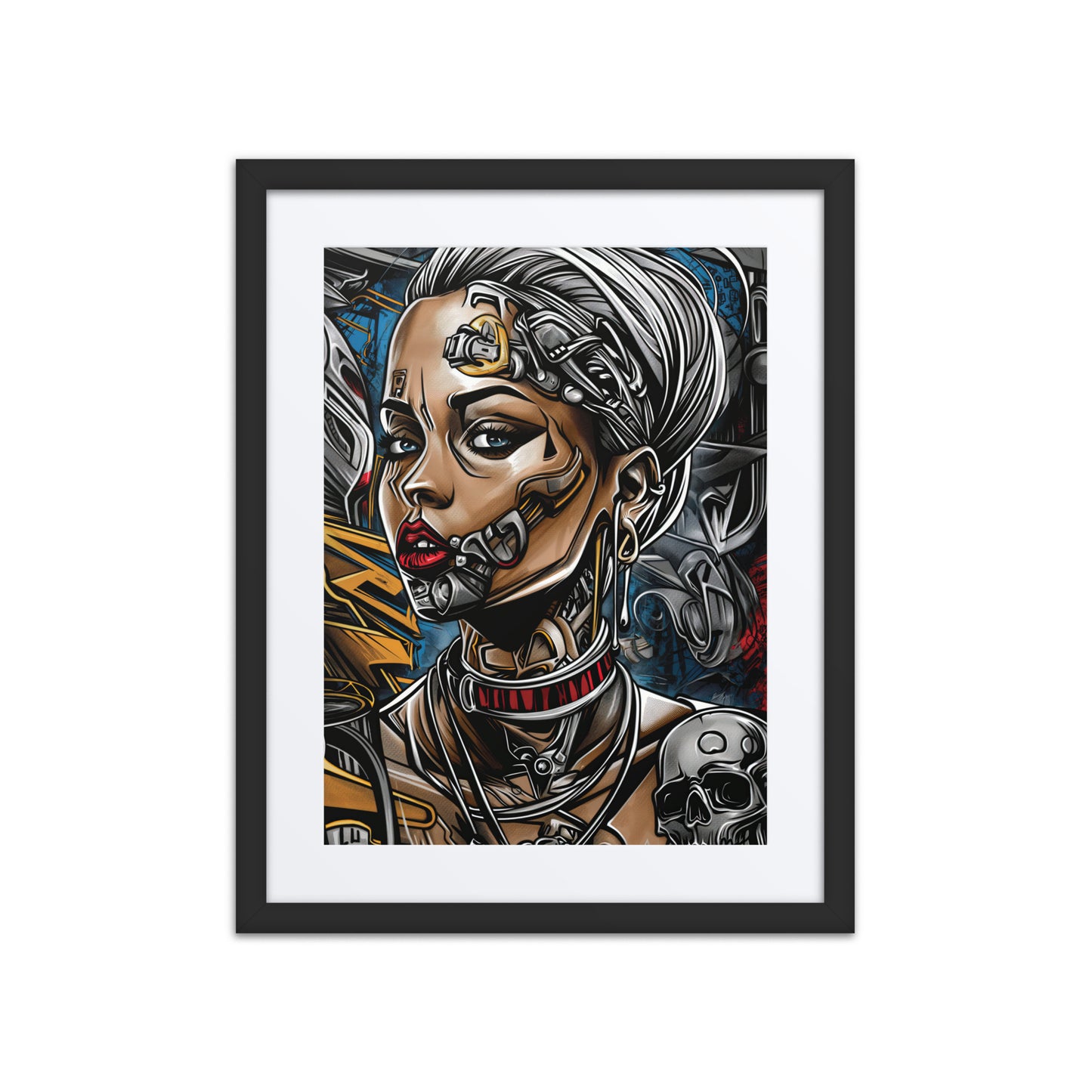 Futuristic woman with silver hair and cybernetic facial implants, wearing a high-tech collar and surrounded by industrial details and skull motifs