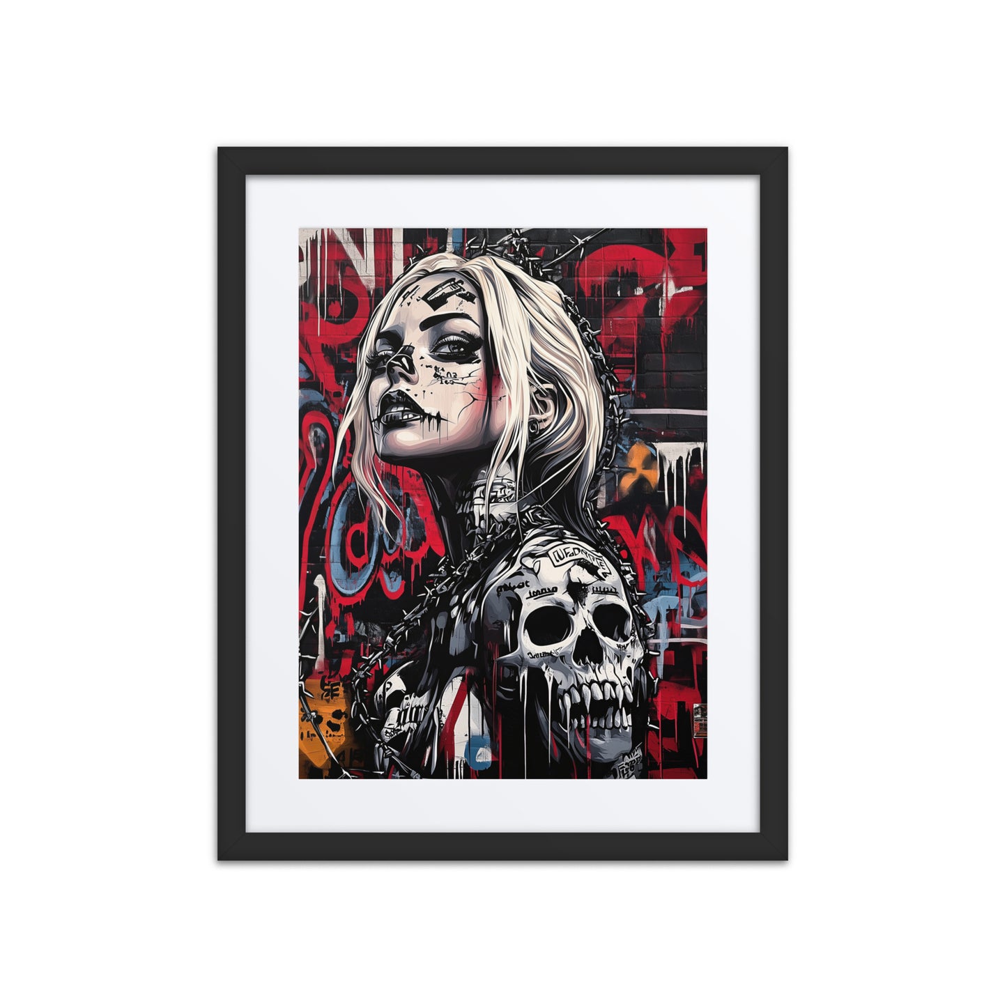 Blonde cyberpunk woman with barbed wire crown, skeletal tattoos, and graffiti-covered skin standing defiantly in front of a red and black urban wall.