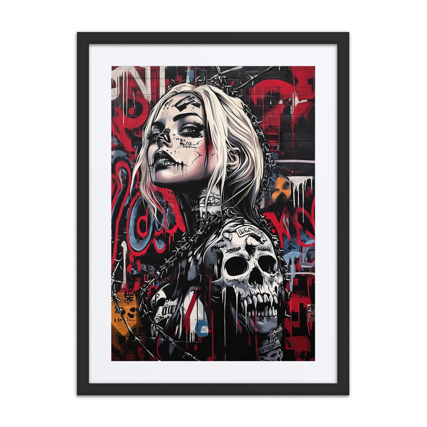 Blonde cyberpunk woman with barbed wire crown, skeletal tattoos, and graffiti-covered skin standing defiantly in front of a red and black urban wall.