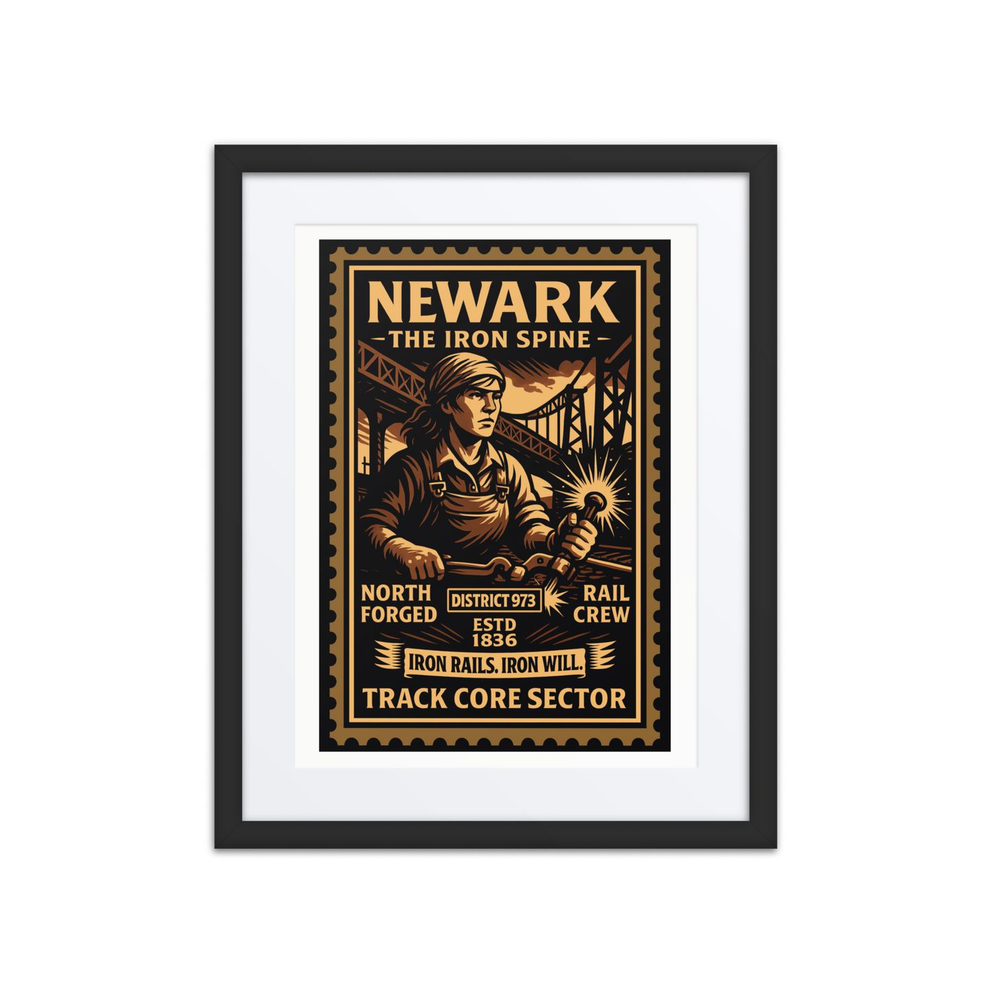 Linocut-style print of a Newark foundry worker pouring molten iron amid furnaces, brick walls, and smoke-filled rafters.