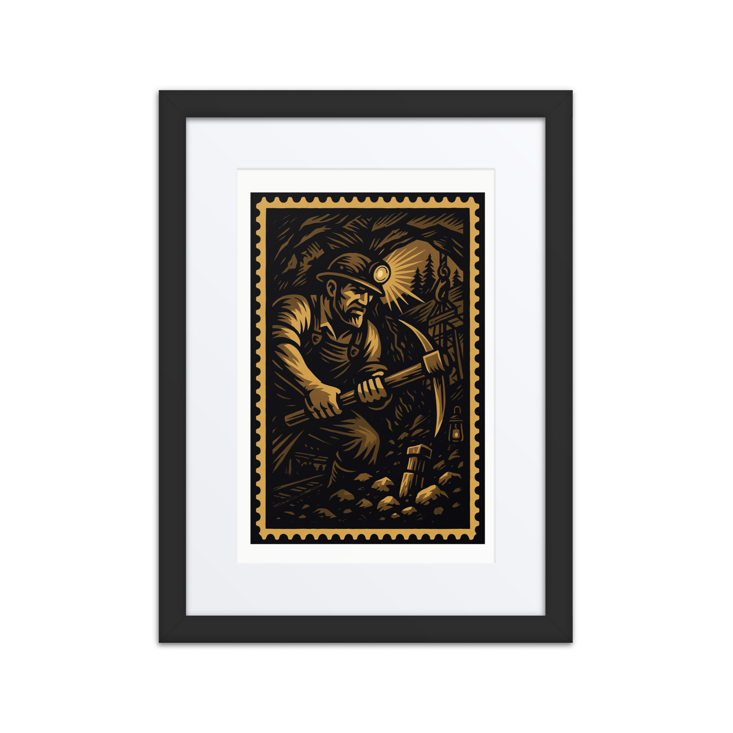 Linocut-style illustration of a coal miner in a shaft, striking stone with a pickaxe surrounded by jagged rock.