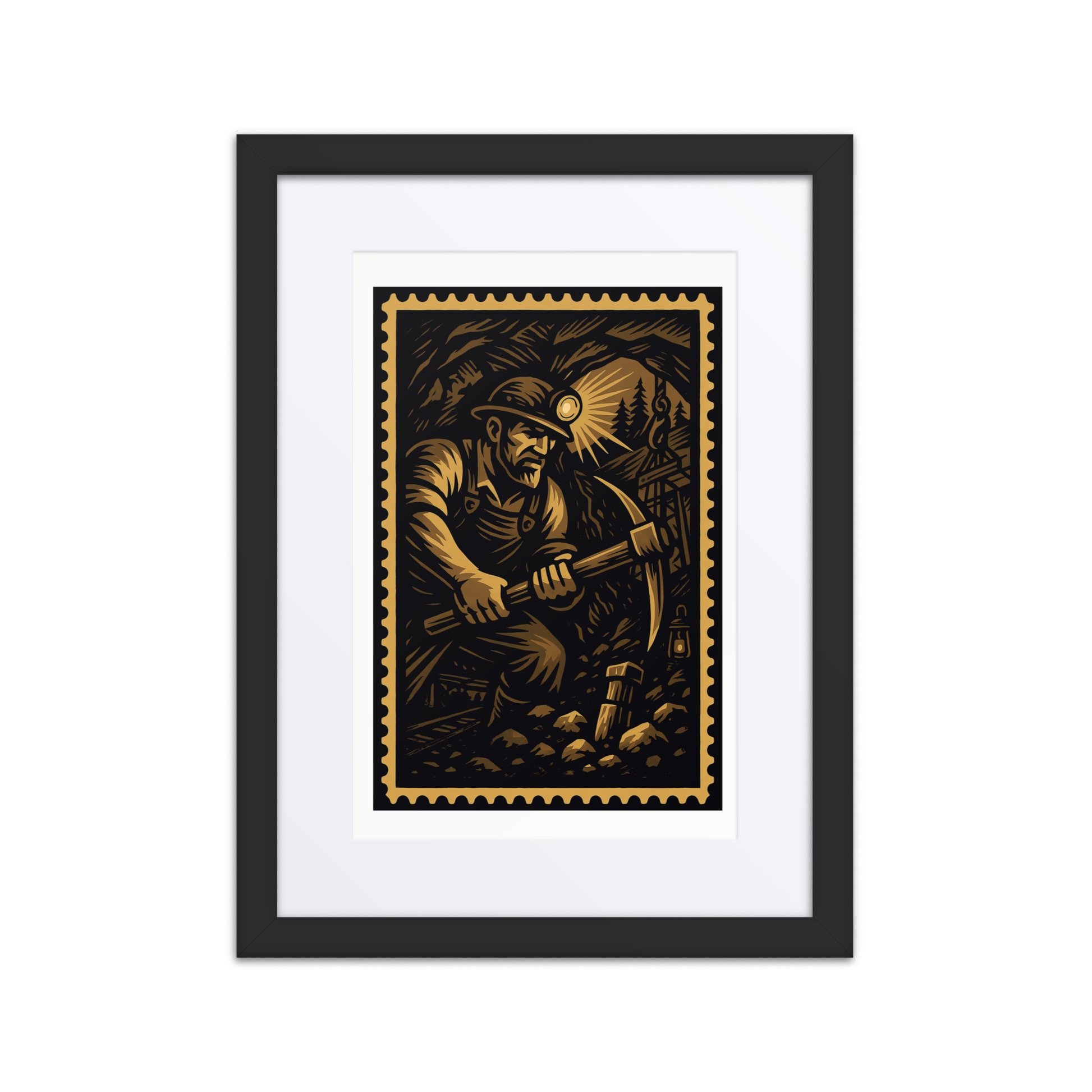 Linocut-style illustration of a coal miner in a shaft, striking stone with a pickaxe surrounded by jagged rock.