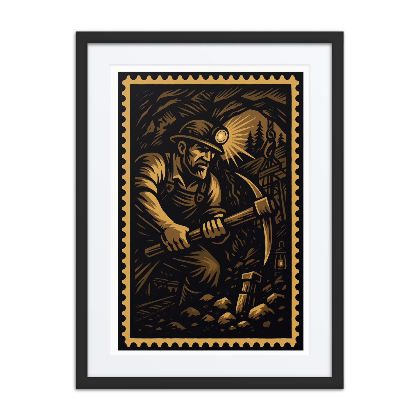 Linocut-style illustration of a coal miner in a shaft, striking stone with a pickaxe surrounded by jagged rock.