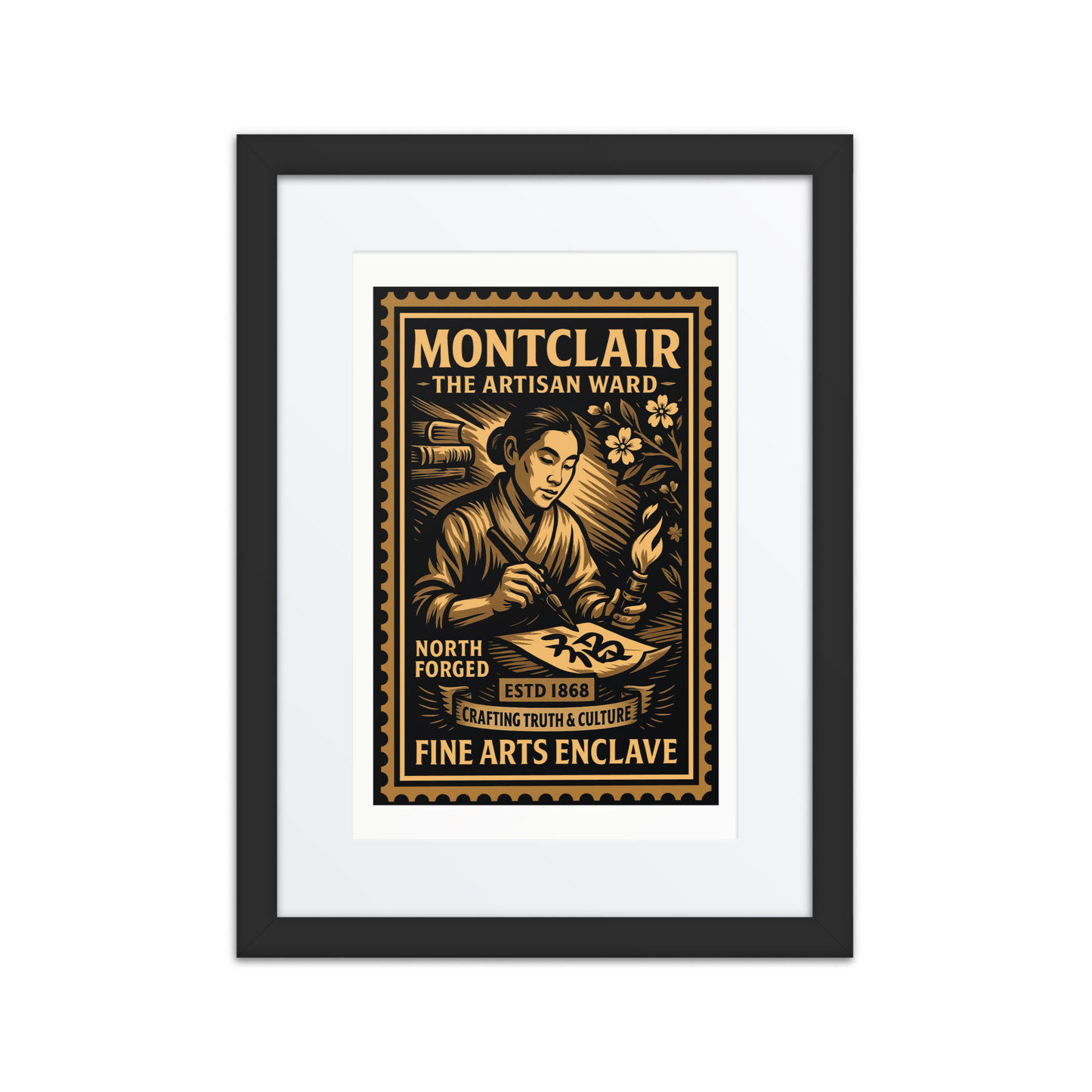 Linocut-style print of a Montclair signalman holding a lantern near a set of train tracks, framed by trees, poles, and distant smoke.