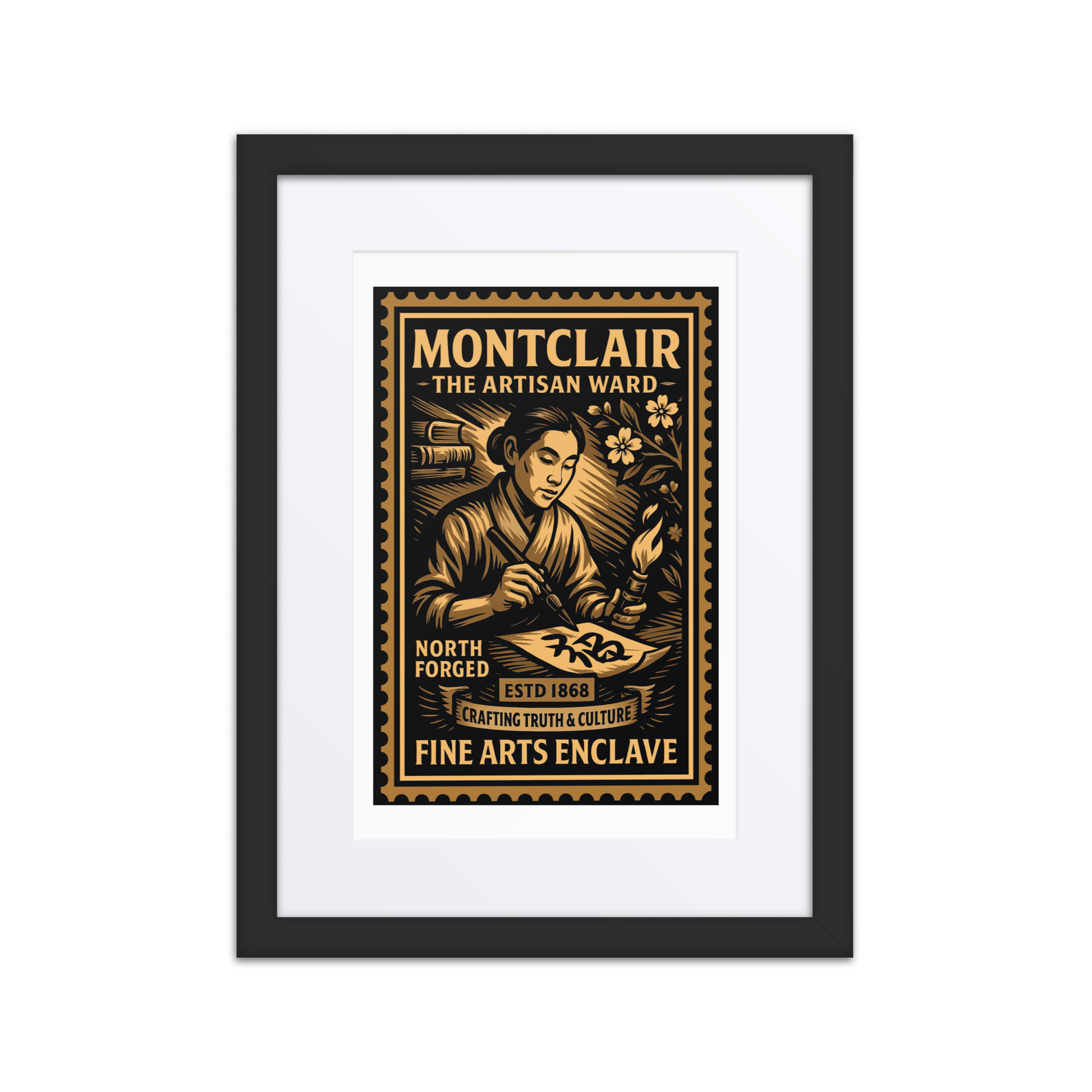 Linocut-style print of a Montclair signalman holding a lantern near a set of train tracks, framed by trees, poles, and distant smoke.