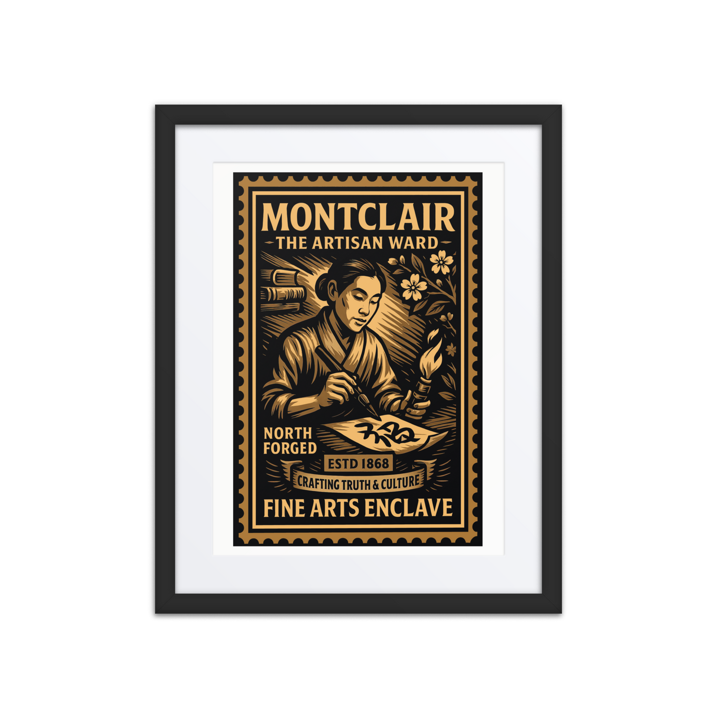 Linocut-style print of a Montclair signalman holding a lantern near a set of train tracks, framed by trees, poles, and distant smoke.