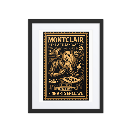 Linocut-style print of a Montclair signalman holding a lantern near a set of train tracks, framed by trees, poles, and distant smoke.