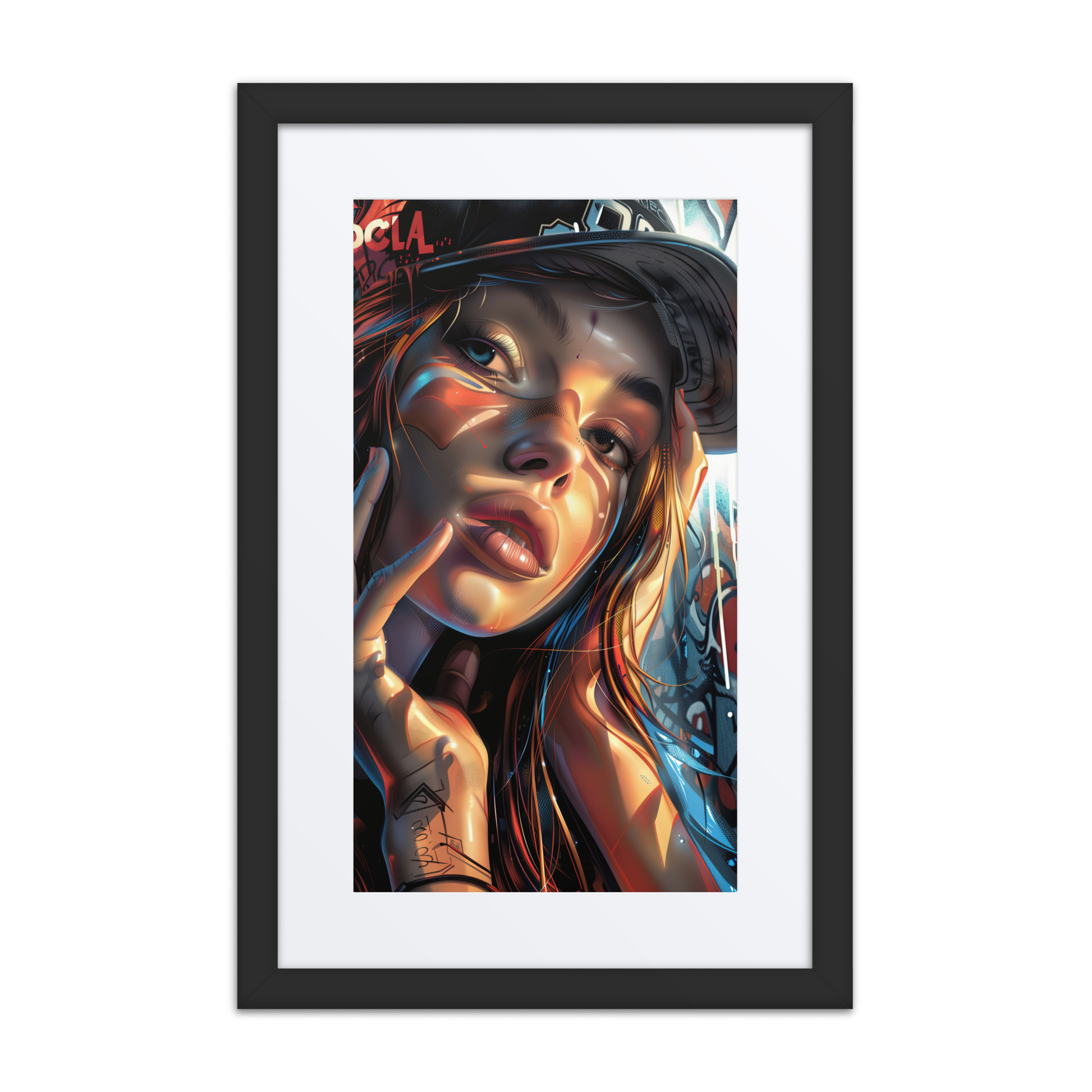 A digital painting of Neon, a fierce street angel with glowing skin tones and vibrant graffiti reflections. She wears a dark cap, leans into the light, and radiates energy against a graffiti-covered wall.
