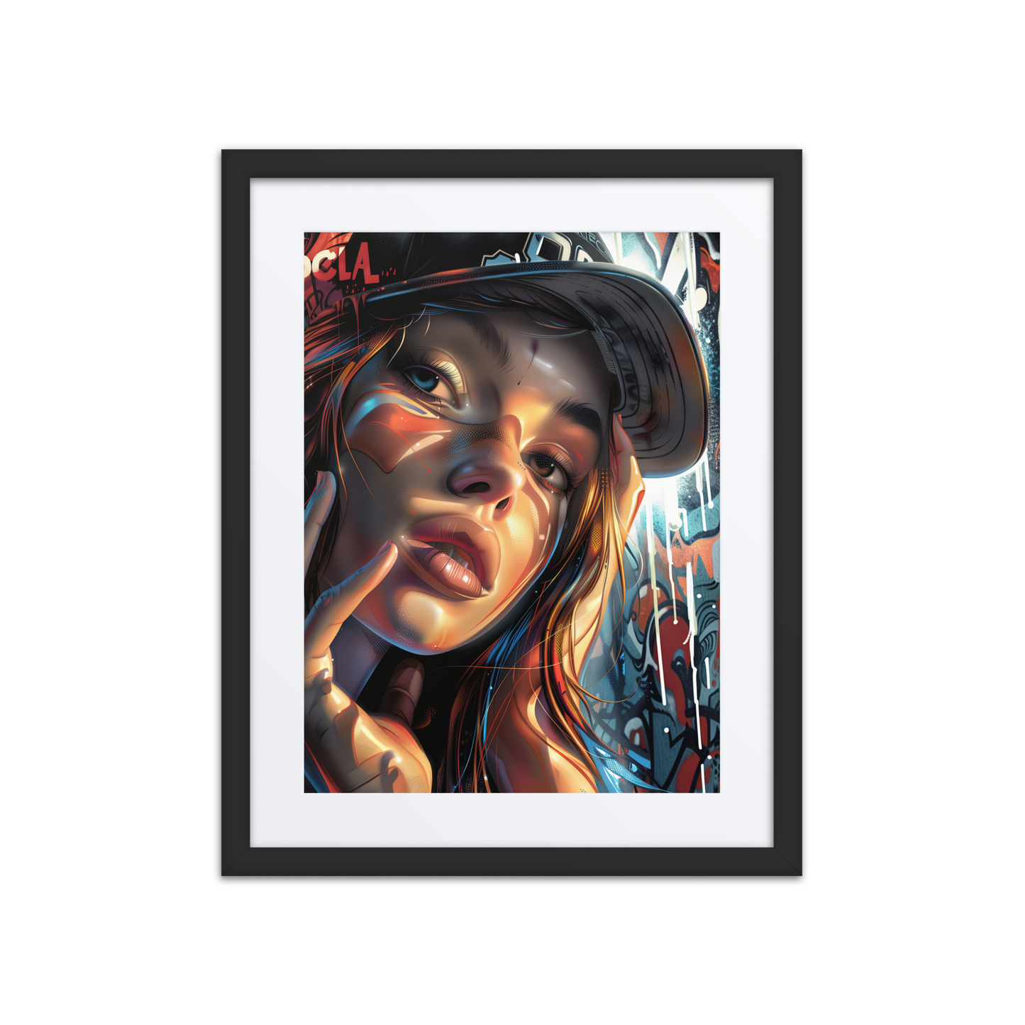 A digital painting of Neon, a fierce street angel with glowing skin tones and vibrant graffiti reflections. She wears a dark cap, leans into the light, and radiates energy against a graffiti-covered wall.
