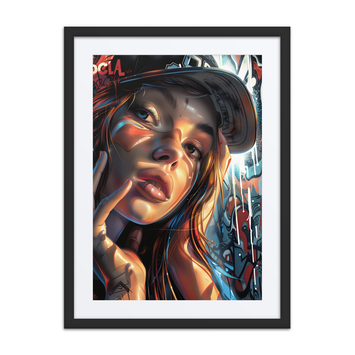 A digital painting of Neon, a fierce street angel with glowing skin tones and vibrant graffiti reflections. She wears a dark cap, leans into the light, and radiates energy against a graffiti-covered wall.