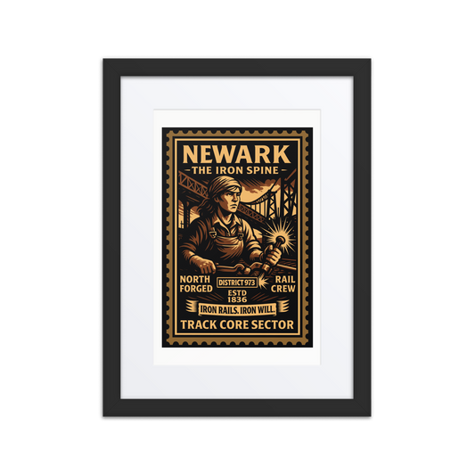 Linocut-style print of a Newark foundry worker pouring molten iron amid furnaces, brick walls, and smoke-filled rafters.