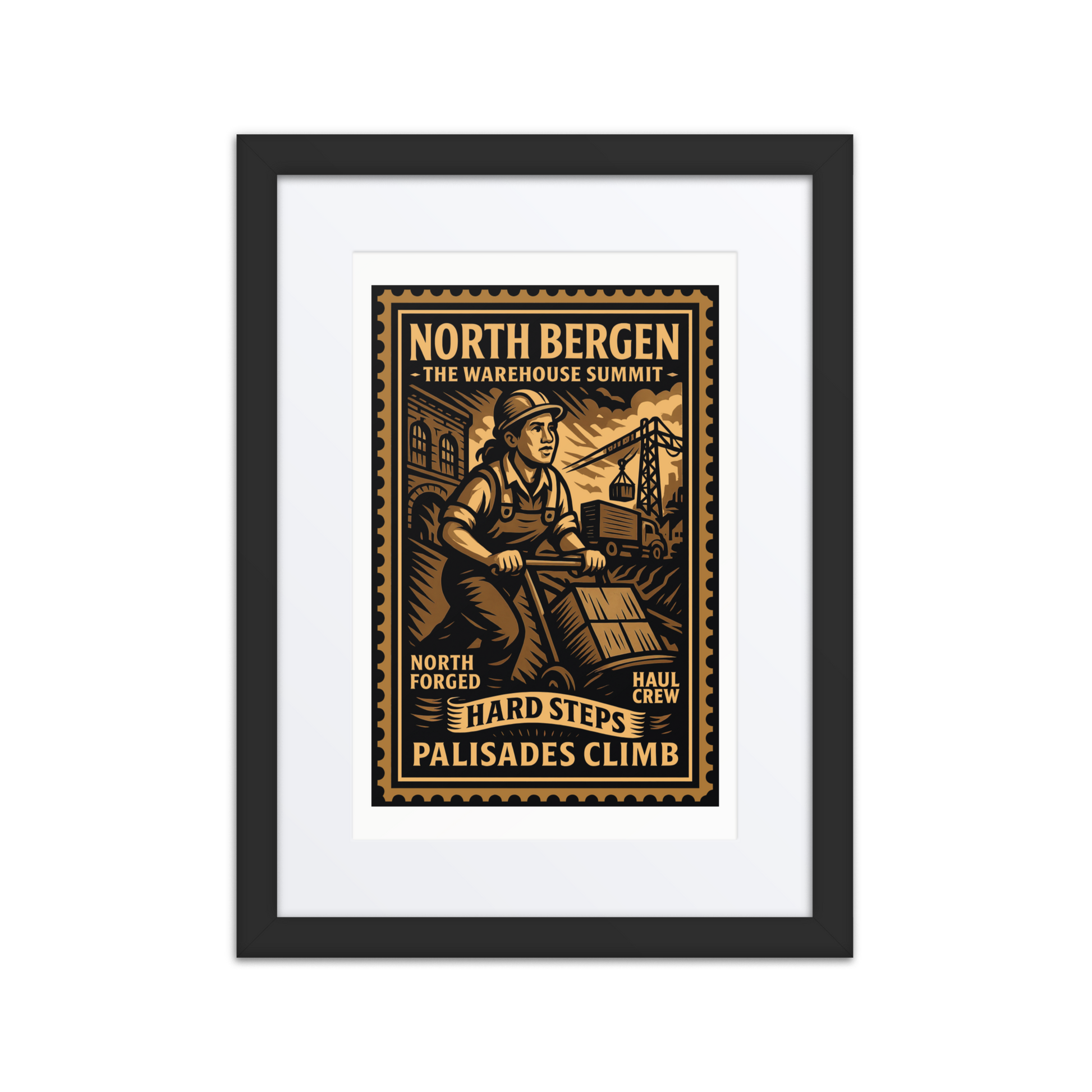 Product mockupLinocut-style print of a North Bergen freight worker near stacked railcars and loading cranes, with smoke and cables in the background.