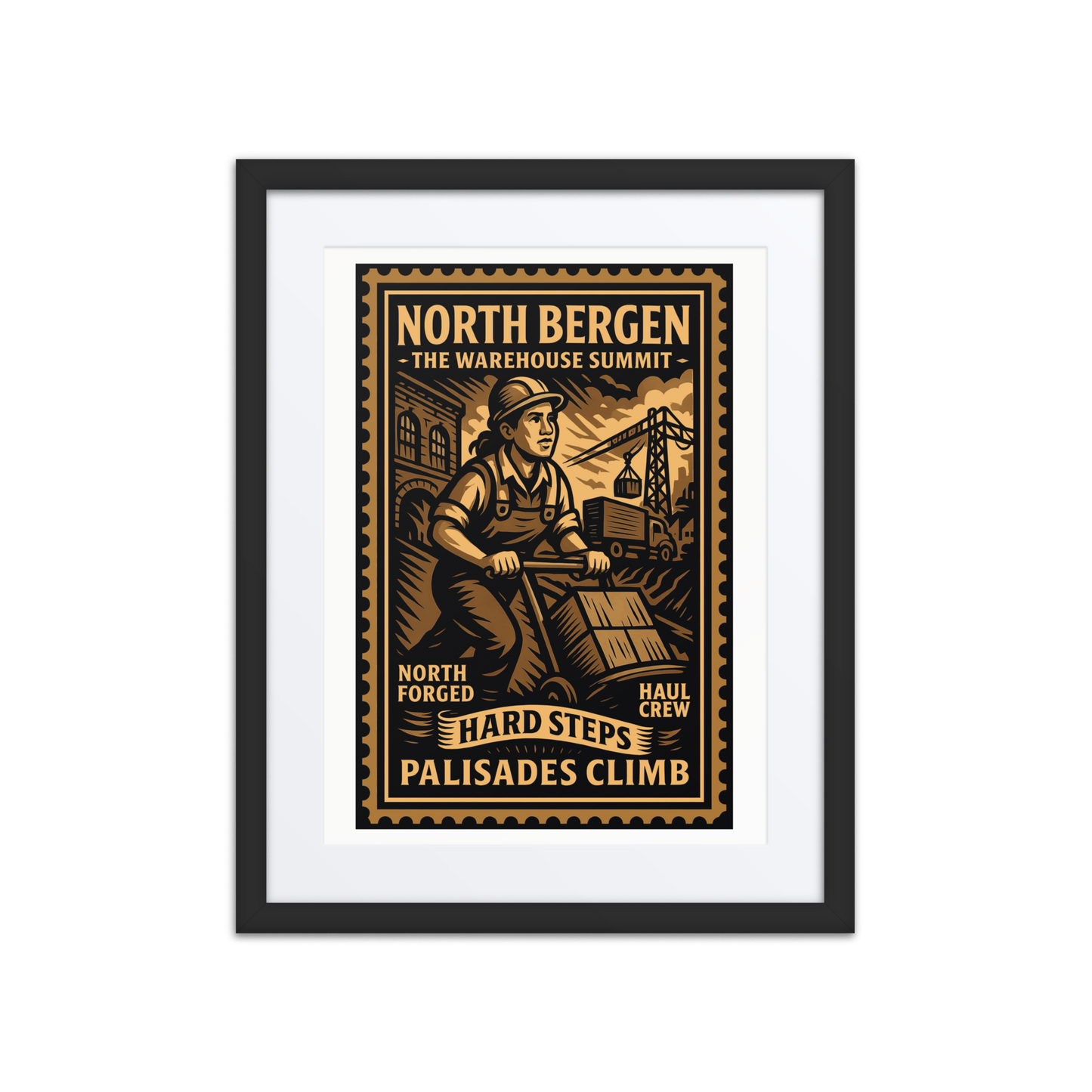 Linocut-style print of a North Bergen freight worker near stacked railcars and loading cranes, with smoke and cables in the background.