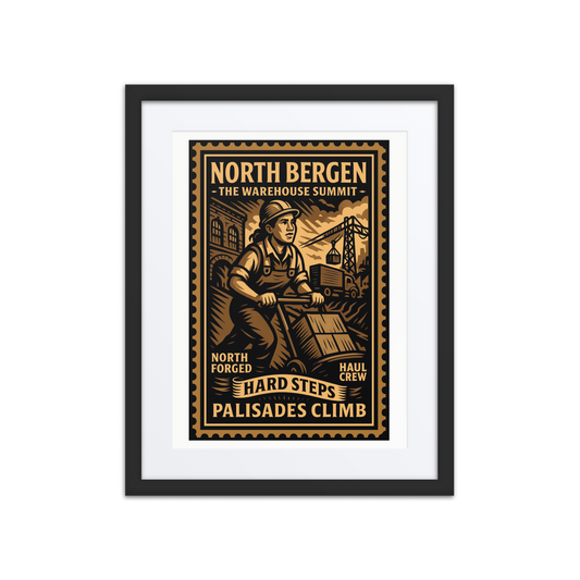 Linocut-style print of a North Bergen freight worker near stacked railcars and loading cranes, with smoke and cables in the background.