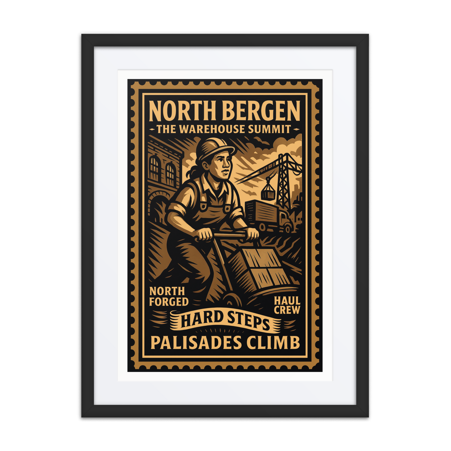 Linocut-style print of a North Bergen freight worker near stacked railcars and loading cranes, with smoke and cables in the background.