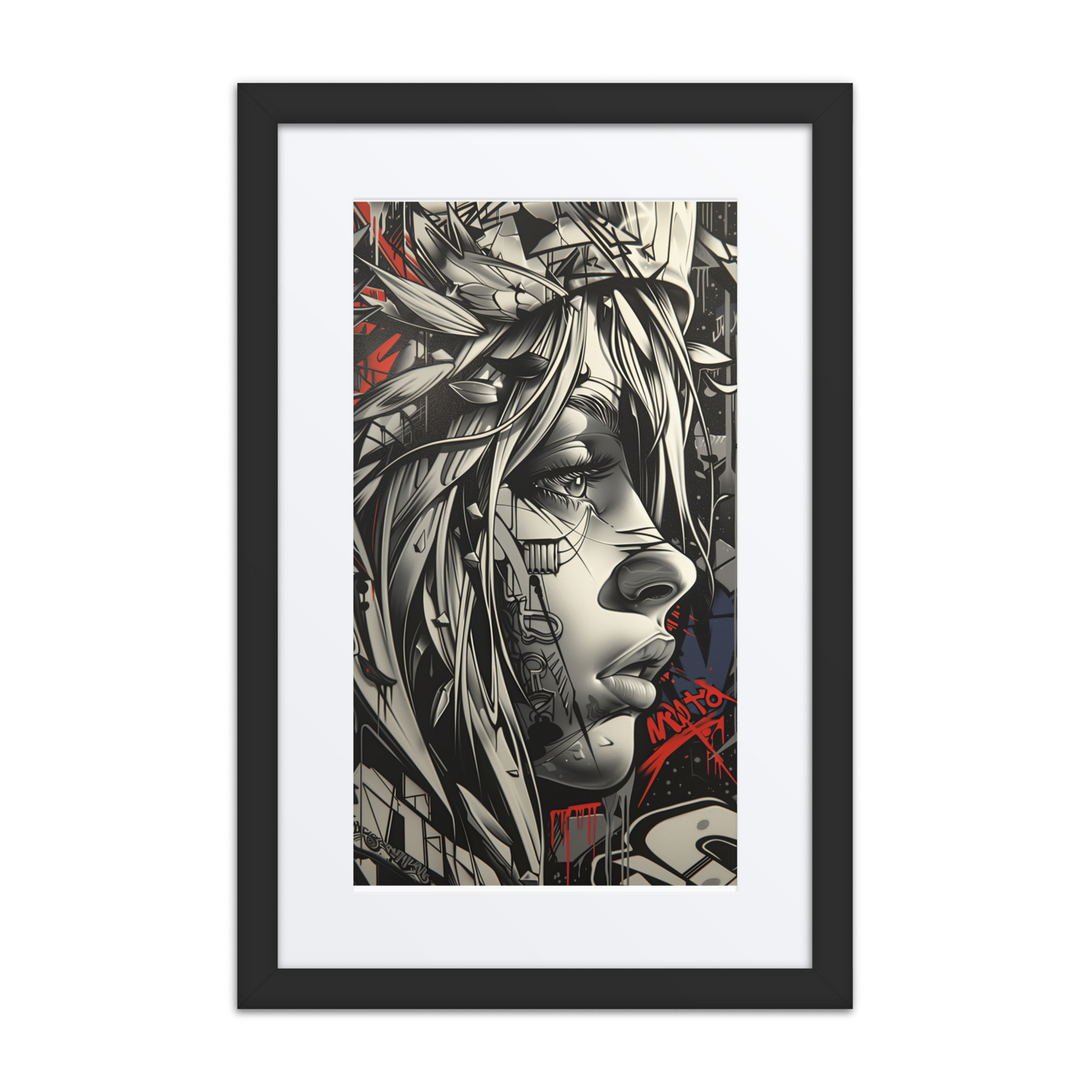 Grayscale portrait of a street art woman with windswept hair, layered graffiti background, and an intense gaze, titled Ocean.