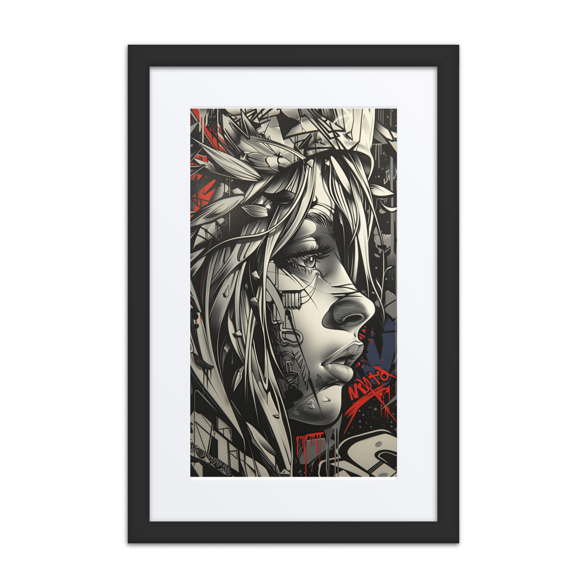 Grayscale portrait of a street art woman with windswept hair, layered graffiti background, and an intense gaze, titled Ocean.