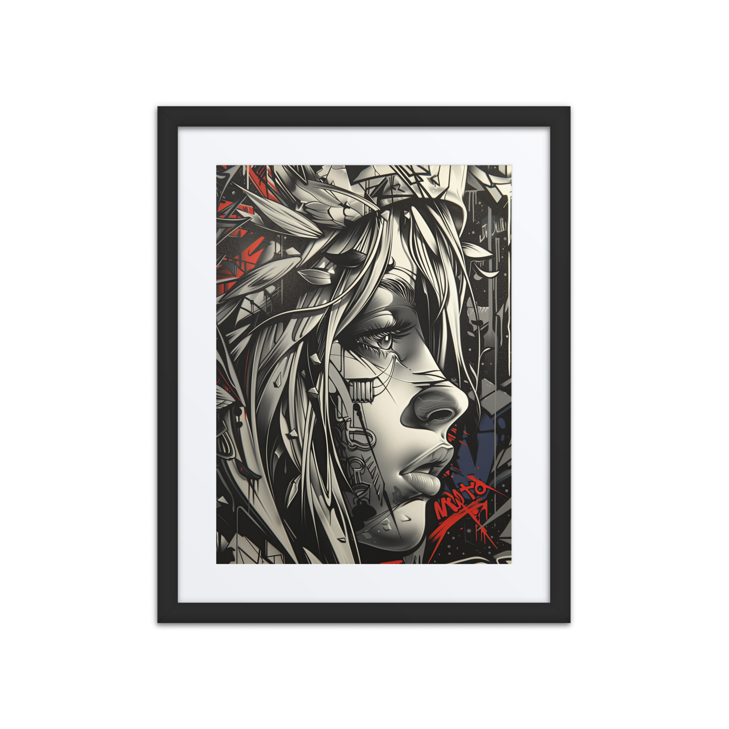 Grayscale portrait of a street art woman with windswept hair, layered graffiti background, and an intense gaze, titled Ocean.