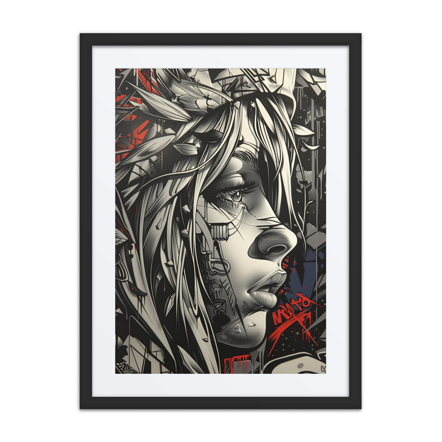 Grayscale portrait of a street art woman with windswept hair, layered graffiti background, and an intense gaze, titled Ocean.