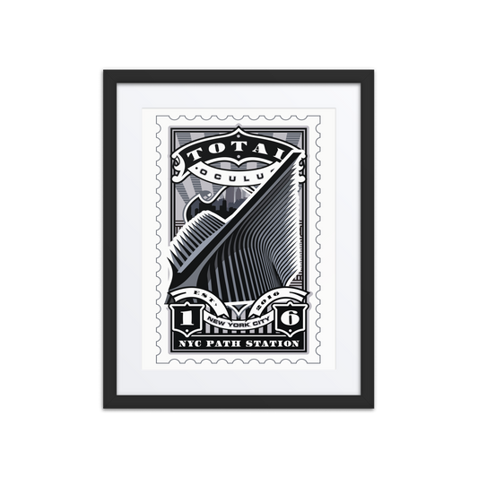 Linocut-style artwork of The Oculus at the World Trade Center in New York City, with ribbed arches symbolizing wings and modern rebirth.