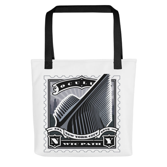 White canvas tote with Oculus stamp-style illustration showing vaulted ribs and exterior silhouette, black handles, architectural transit detail.