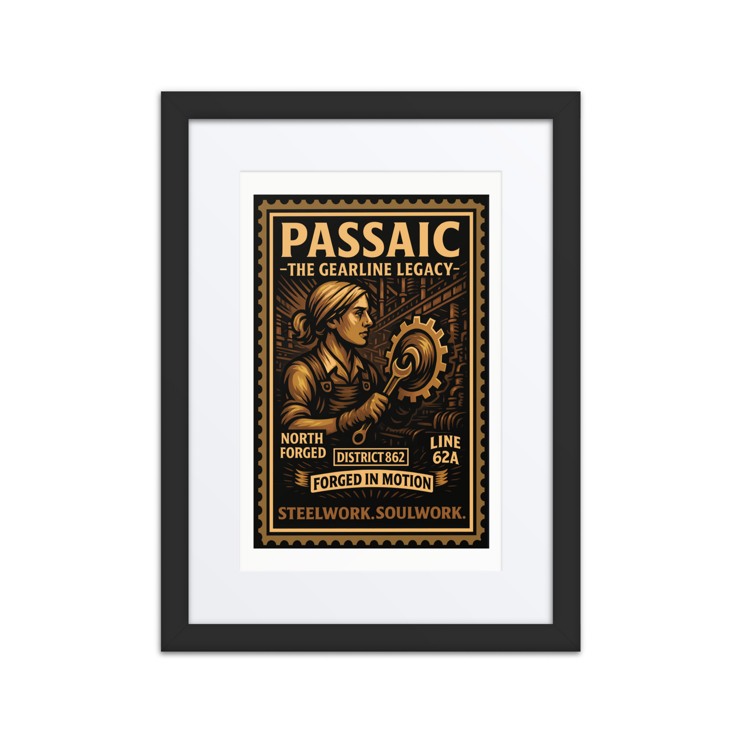 Linocut-style print of a Passaic factory worker holding a wrench beside spinning gears and conveyor belts in a smoky industrial setting.