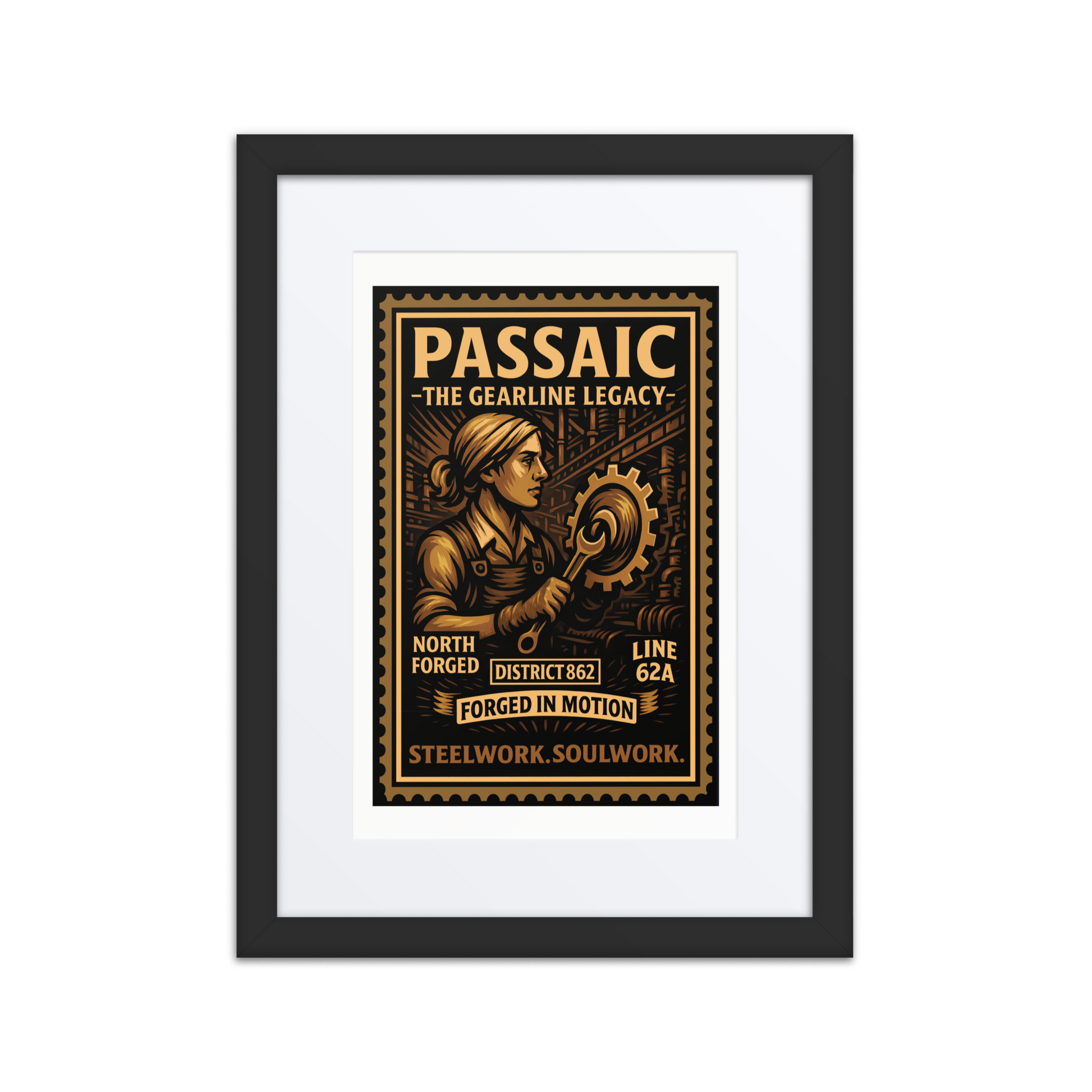 Linocut-style print of a Passaic factory worker holding a wrench beside spinning gears and conveyor belts in a smoky industrial setting.