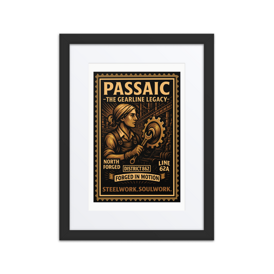 Linocut-style print of a Passaic factory worker holding a wrench beside spinning gears and conveyor belts in a smoky industrial setting.