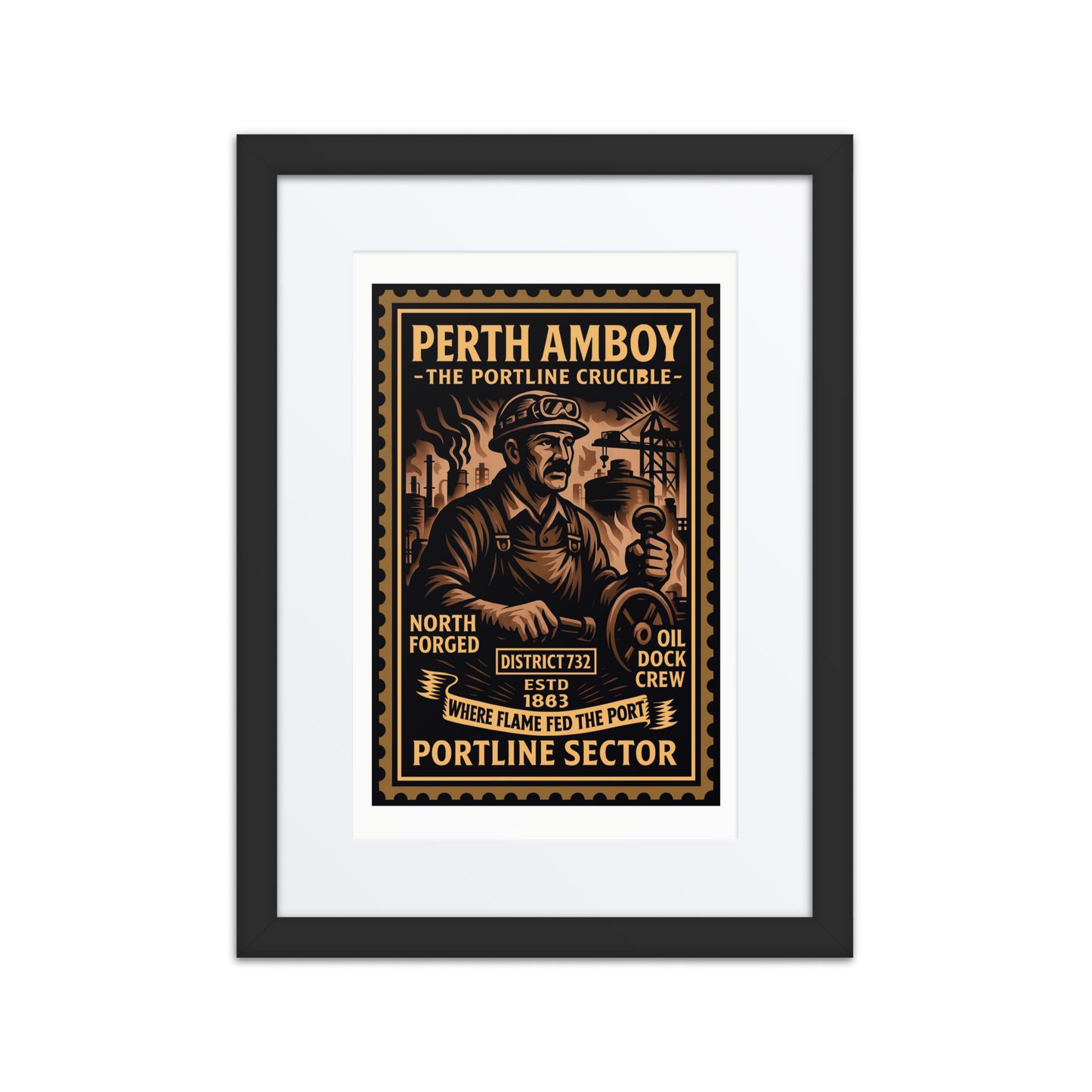 Linocut-style print of a Perth Amboy dockworker coiling rope near cranes, freight, and a working port in the background.