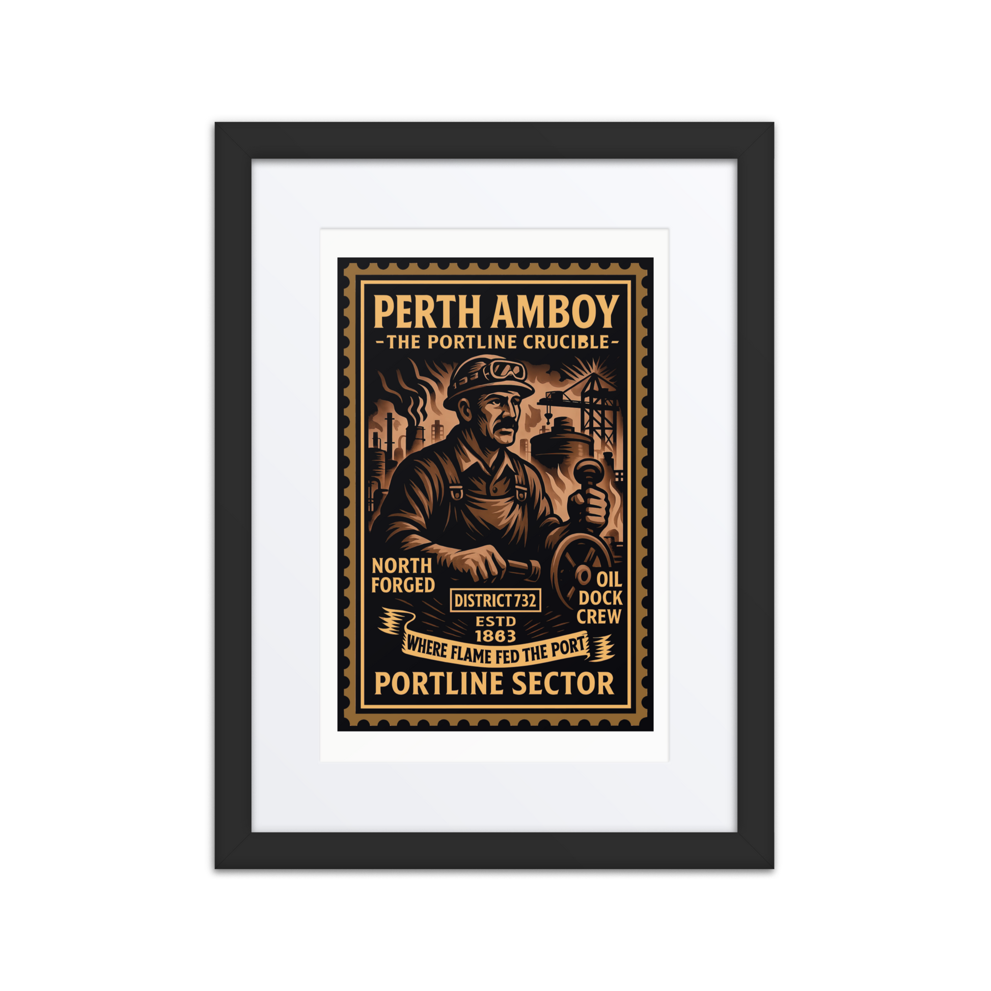 Linocut-style print of a Perth Amboy dockworker coiling rope near cranes, freight, and a working port in the background.