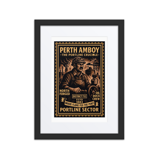 Linocut-style print of a Perth Amboy dockworker coiling rope near cranes, freight, and a working port in the background.