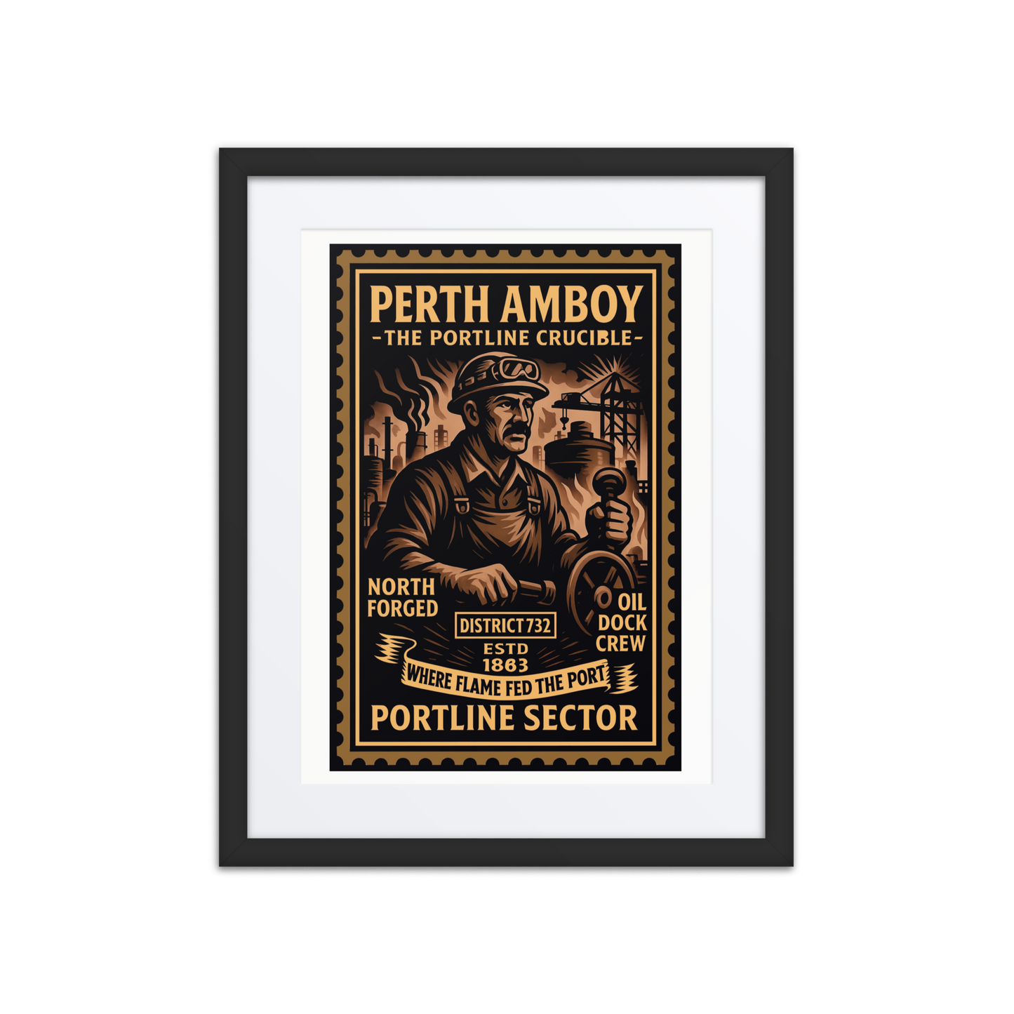 Linocut-style print of a Perth Amboy dockworker coiling rope near cranes, freight, and a working port in the background.