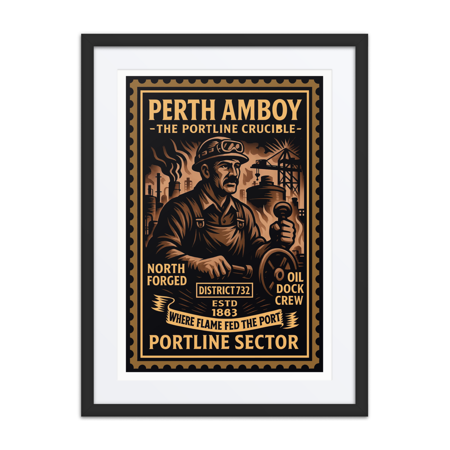 Linocut-style print of a Perth Amboy dockworker coiling rope near cranes, freight, and a working port in the background.