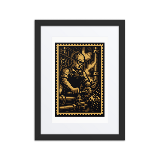 Linocut-style illustration of a pipefitter threading industrial piping inside a steam tunnel.

