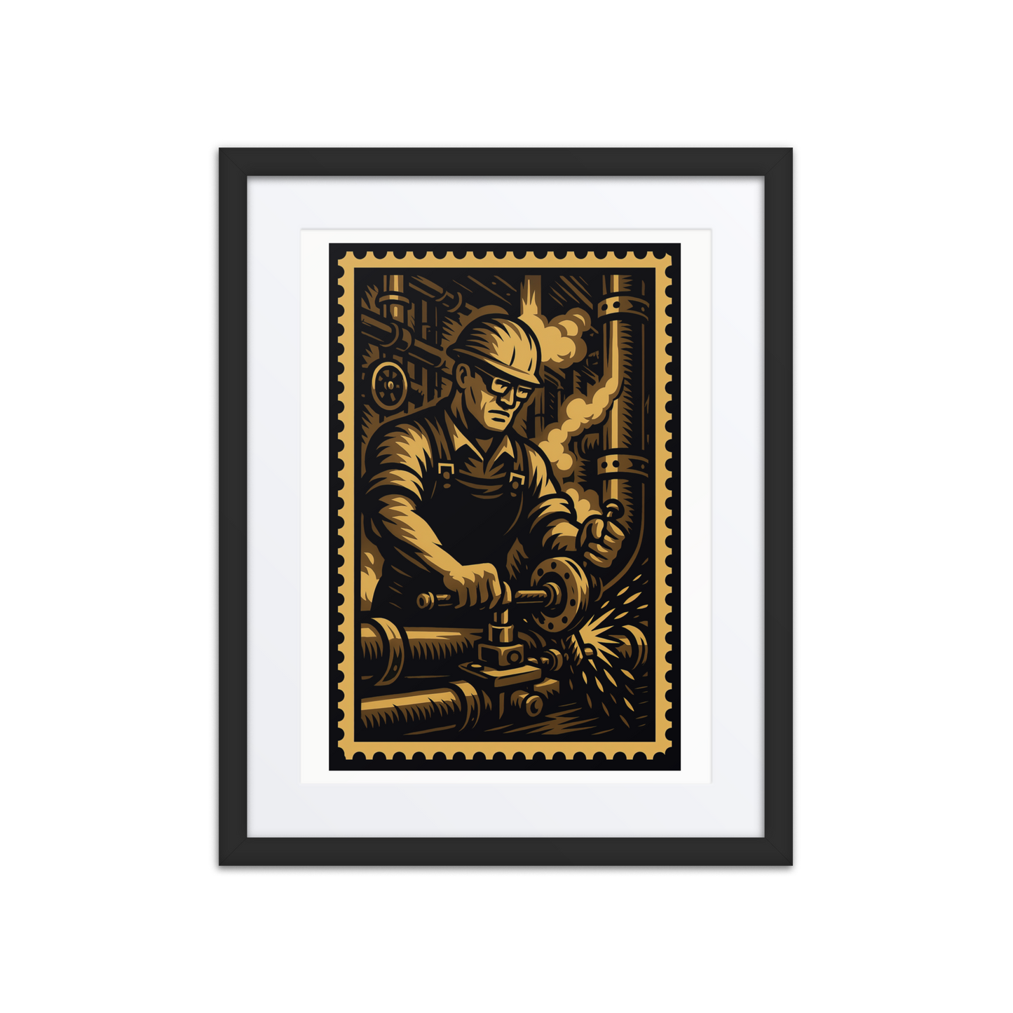 Linocut-style illustration of a pipefitter threading industrial piping inside a steam tunnel.
