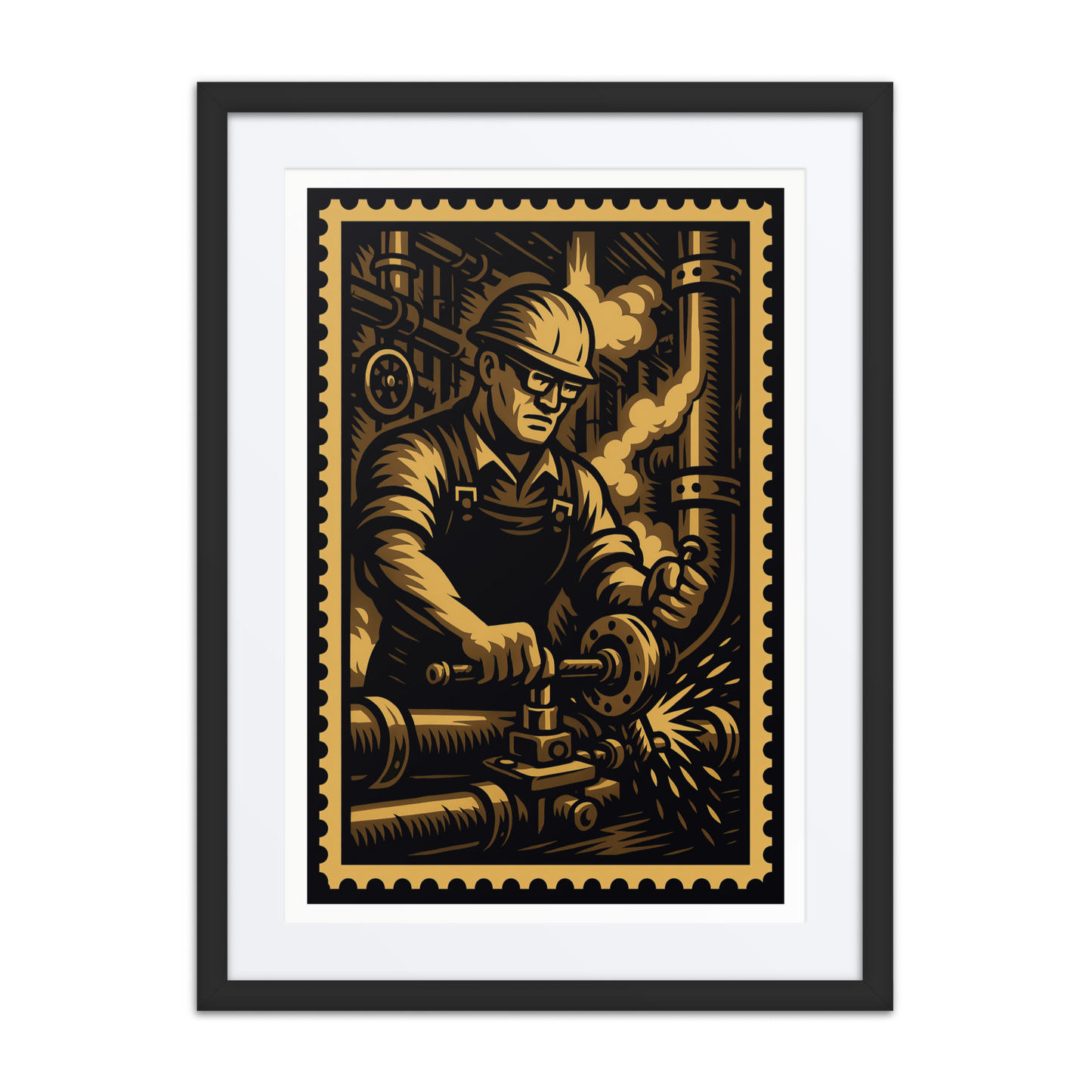 Linocut-style illustration of a pipefitter threading industrial piping inside a steam tunnel.

