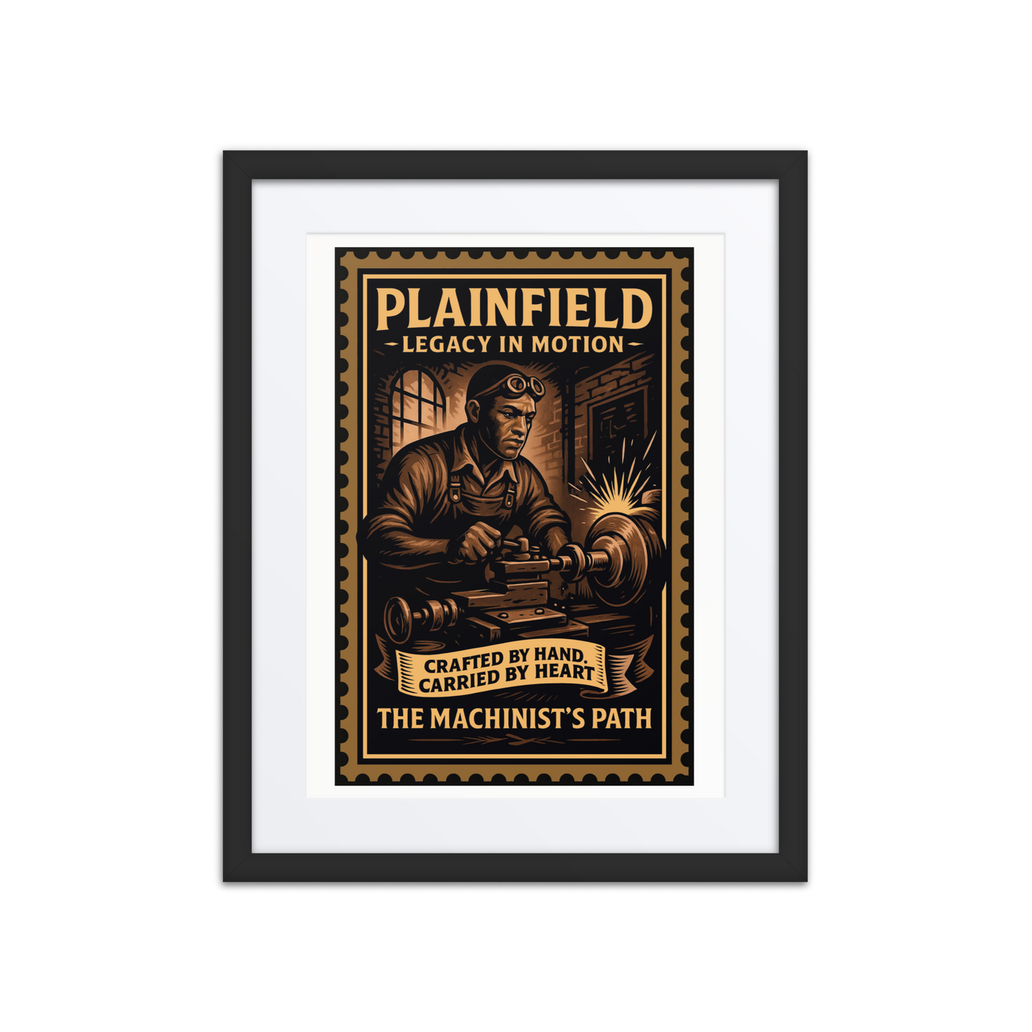 Linocut-style print of a Plainfield machinist working at a lathe, surrounded by factory walls, gears, and stamped text.