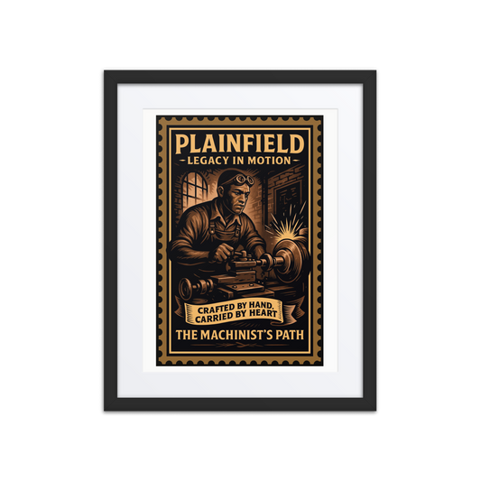 Linocut-style print of a Plainfield machinist working at a lathe, surrounded by factory walls, gears, and stamped text.