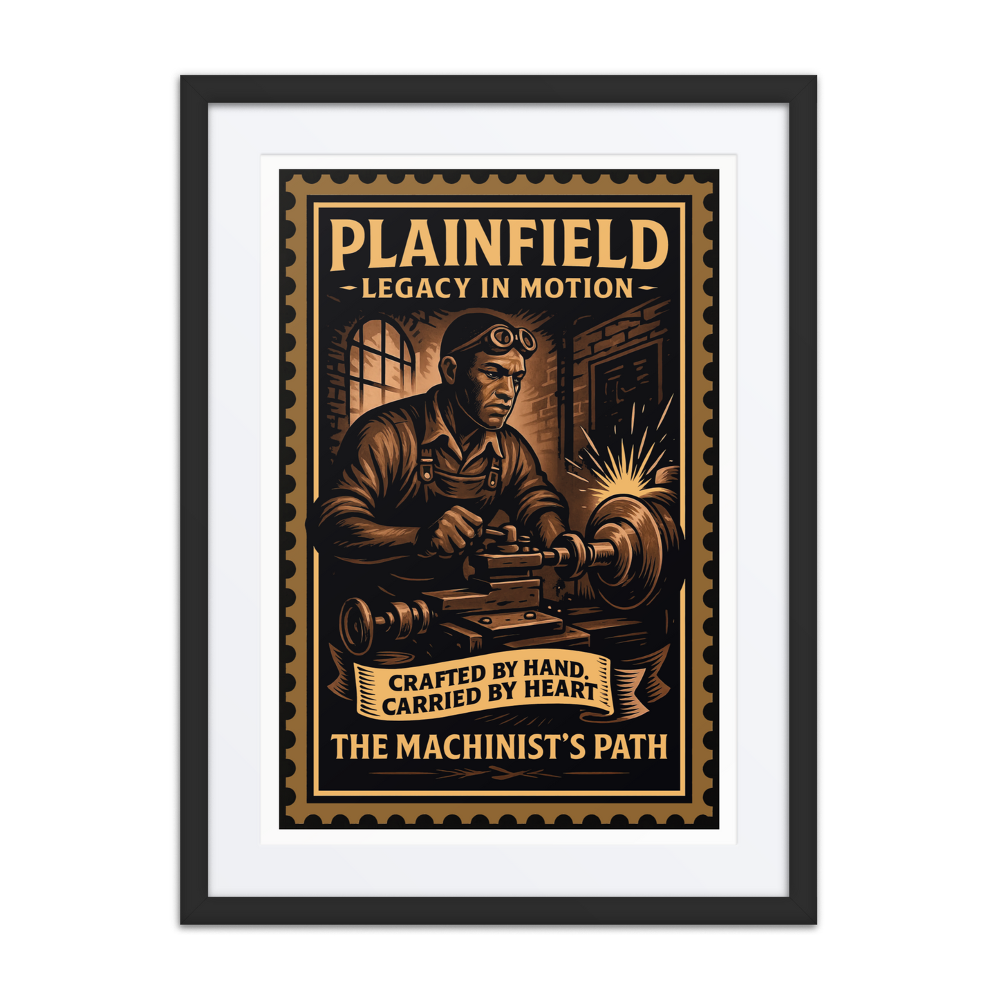 Linocut-style print of a Plainfield machinist working at a lathe, surrounded by factory walls, gears, and stamped text.